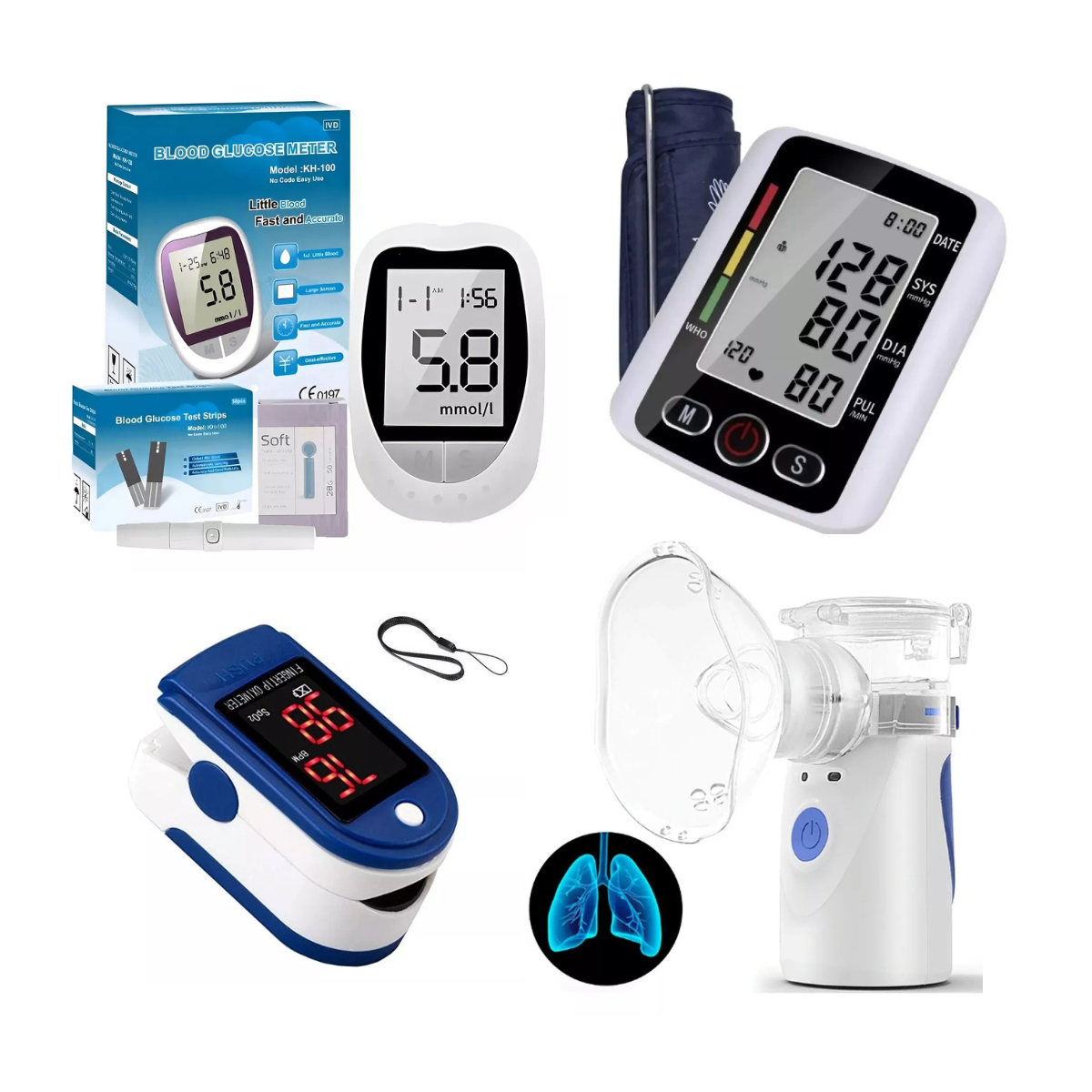Combo Salud 4 en 1 Glucómetro + Oxímetro + Tensiómetro + Nebulizador